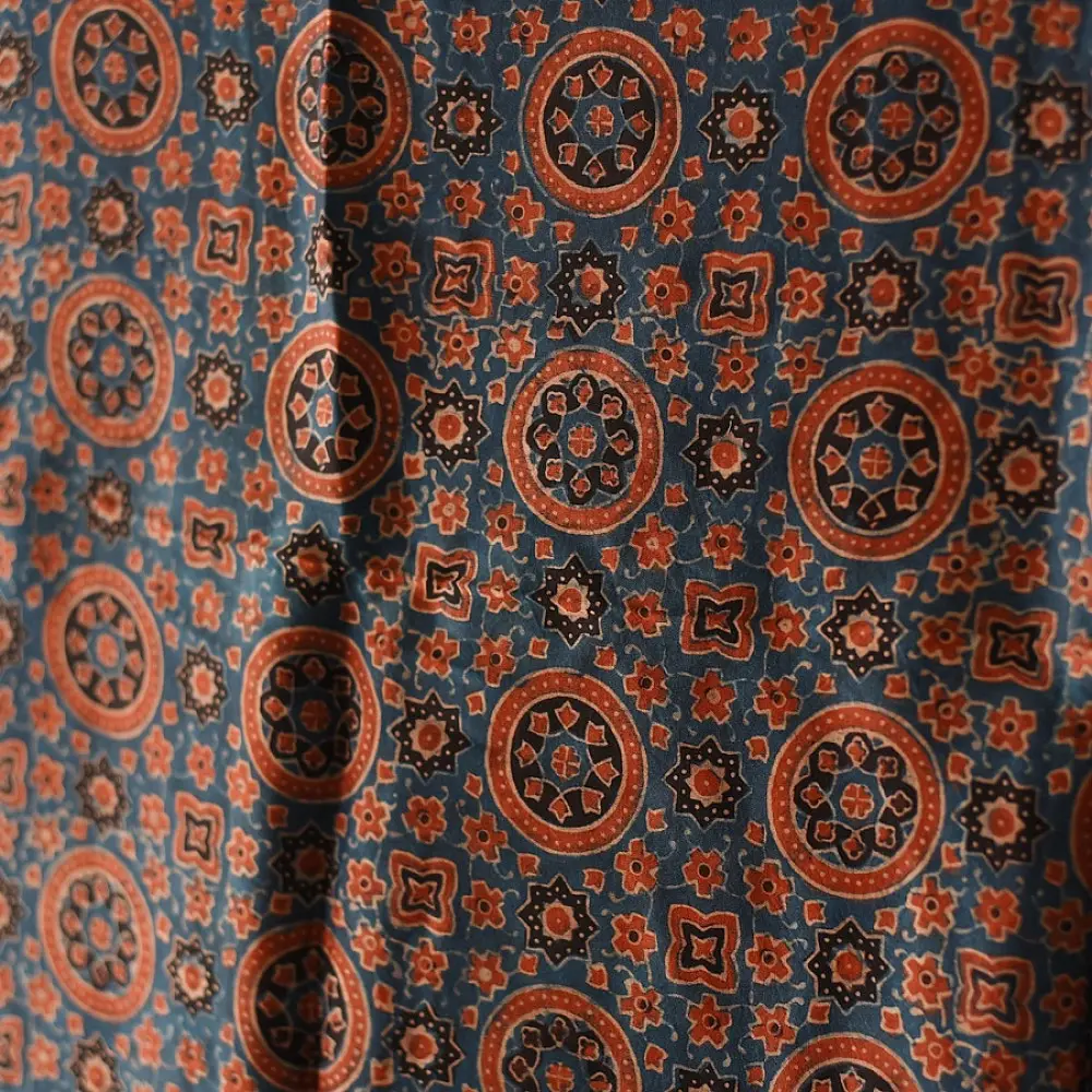 ajrakh silk square scarf orange medallion pattern indigo accents hand block printed natural dyed scarf
