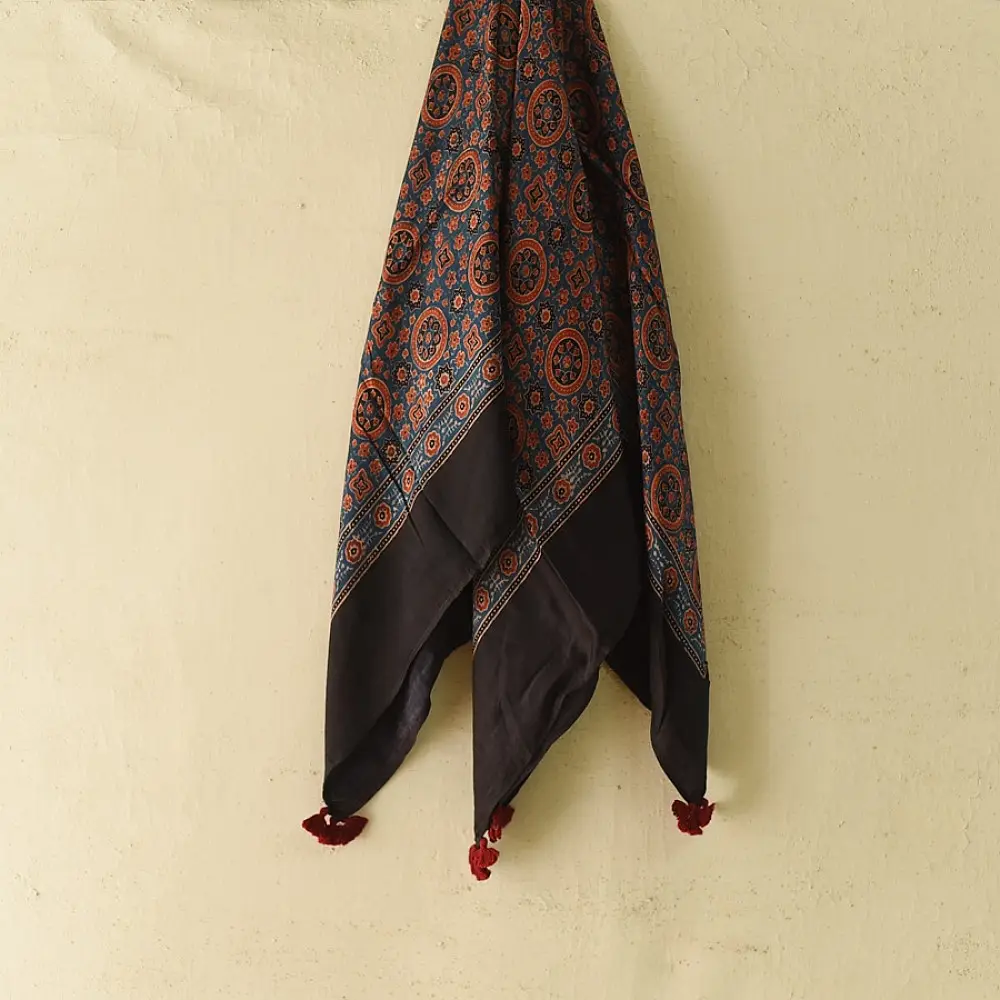 ajrakh silk square scarf orange medallion pattern indigo accents hand block printed natural dyed scarf