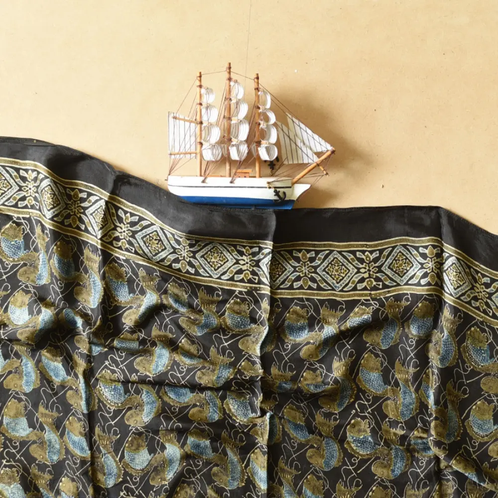 chocolate brown indigo teal ajrakh modal silk dupatta hand block printed floral vine jaal body ornate geometric lozenge pallu traditional mihrab arched detail wedding festive wear sustainable luxury natural dyed with tassels Fish Motif