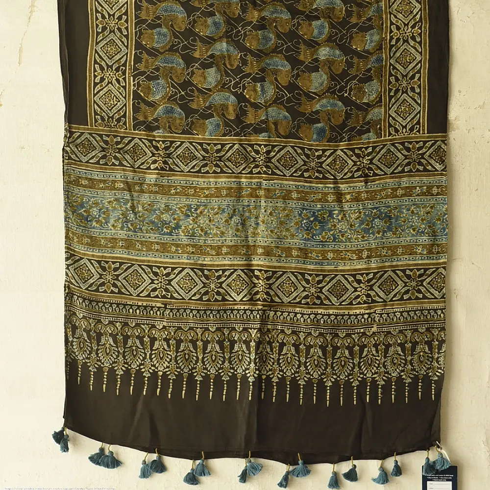 chocolate brown indigo teal ajrakh modal silk dupatta hand block printed floral vine jaal body ornate geometric lozenge pallu traditional mihrab arched detail wedding festive wear sustainable luxury natural dyed with tassels Fish Motif
