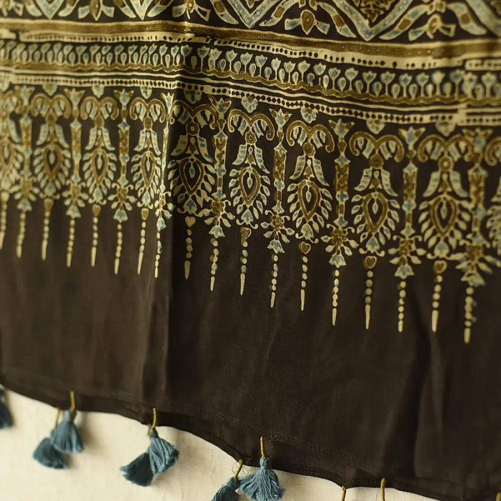 chocolate brown indigo teal ajrakh modal silk dupatta hand block printed floral vine jaal body ornate geometric lozenge pallu traditional mihrab arched detail wedding festive wear sustainable luxury natural dyed with tassels Fish Motif