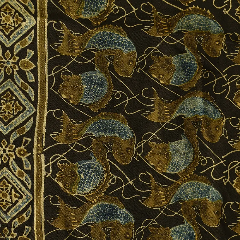 chocolate brown indigo teal ajrakh modal silk dupatta hand block printed floral vine jaal body ornate geometric lozenge pallu traditional mihrab arched detail wedding festive wear sustainable luxury natural dyed with tassels Fish Motif