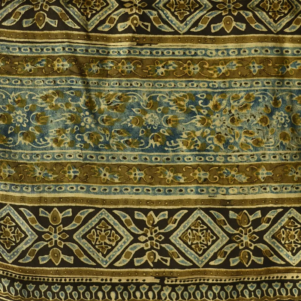 chocolate brown indigo teal ajrakh modal silk dupatta hand block printed floral vine jaal body ornate geometric lozenge pallu traditional mihrab arched detail wedding festive wear sustainable luxury natural dyed with tassels Fish Motif