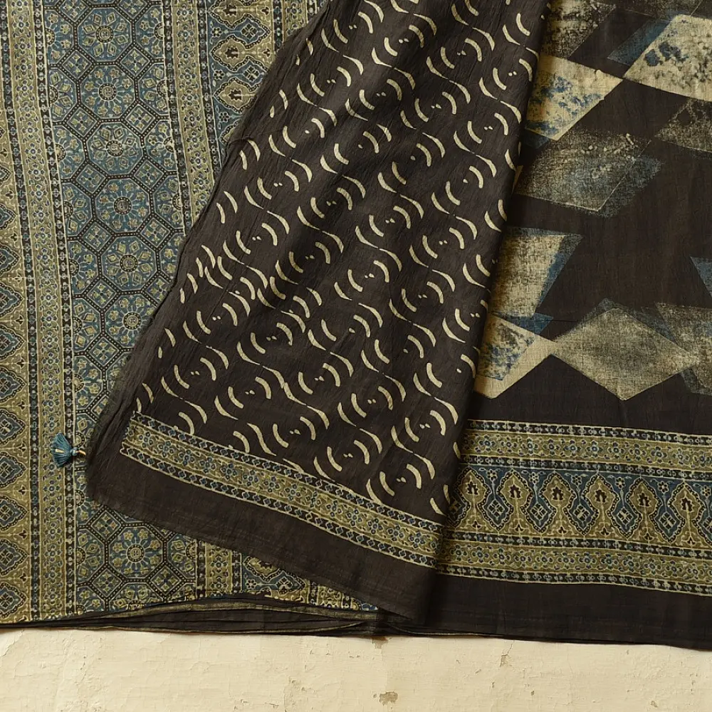 Online Ajrakh Block Print - Mul Mul Cotton Dark Brown Saree