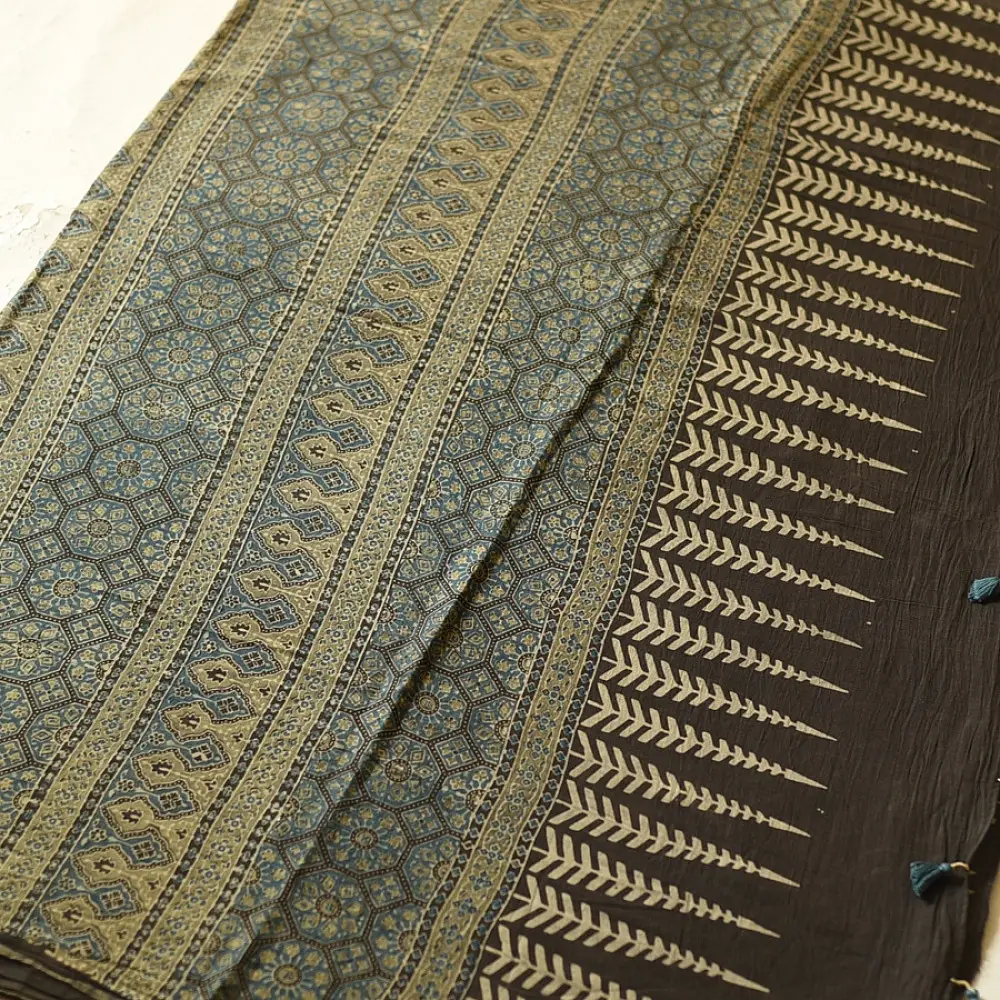 Online Ajrakh Block Print - Mul Mul Cotton Dark Brown Saree