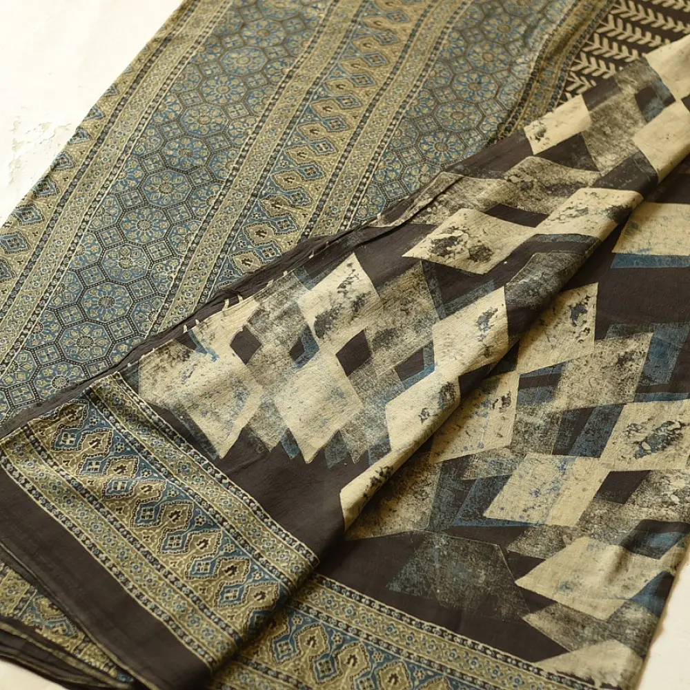 Online Ajrakh Block Print - Mul Mul Cotton Dark Brown Saree