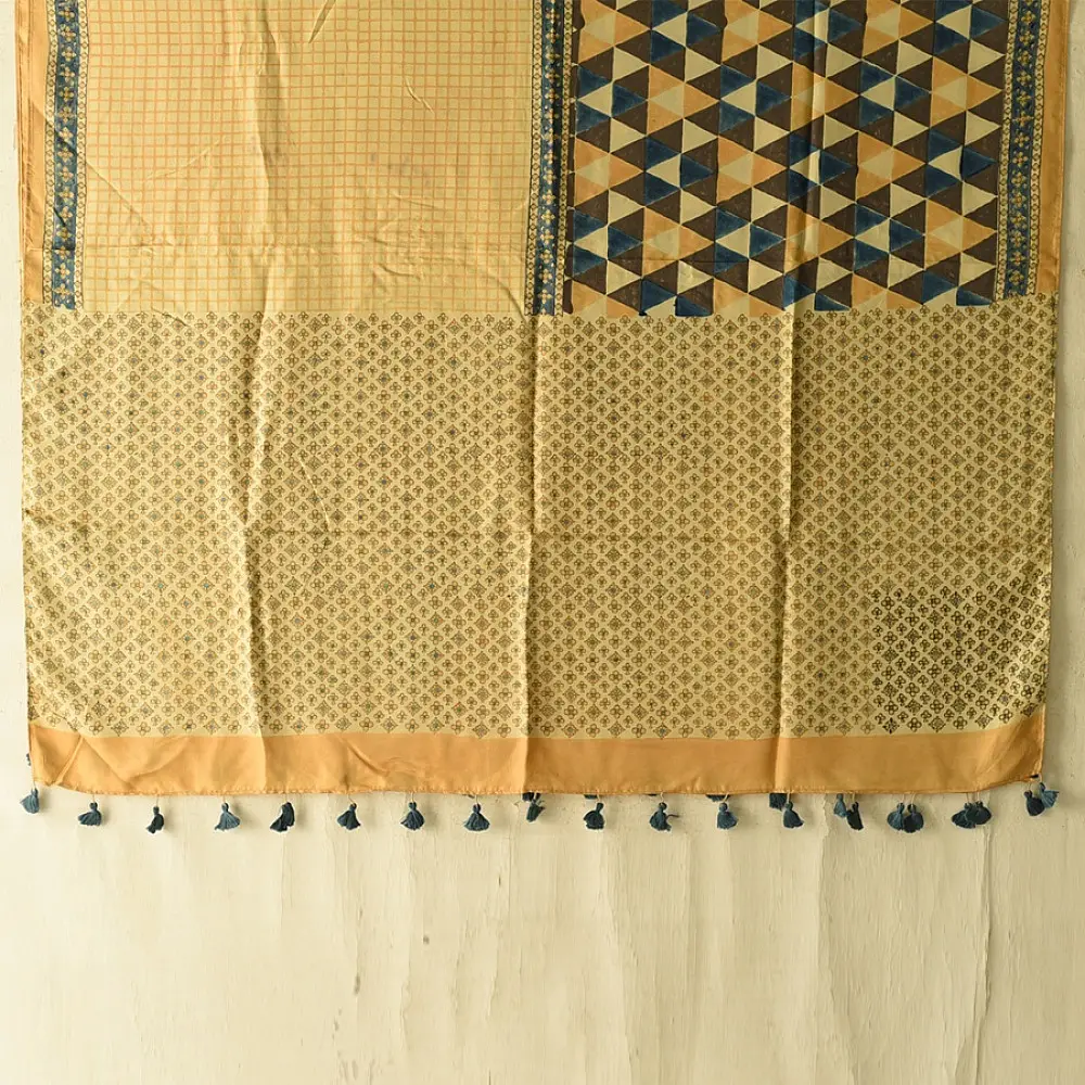 mulberry silk ajrakh dupatta mustard yellow cream indigo blue patchwork geometric floral jaal block print triangular block pattern hand block printed natural dyed silk dupatta