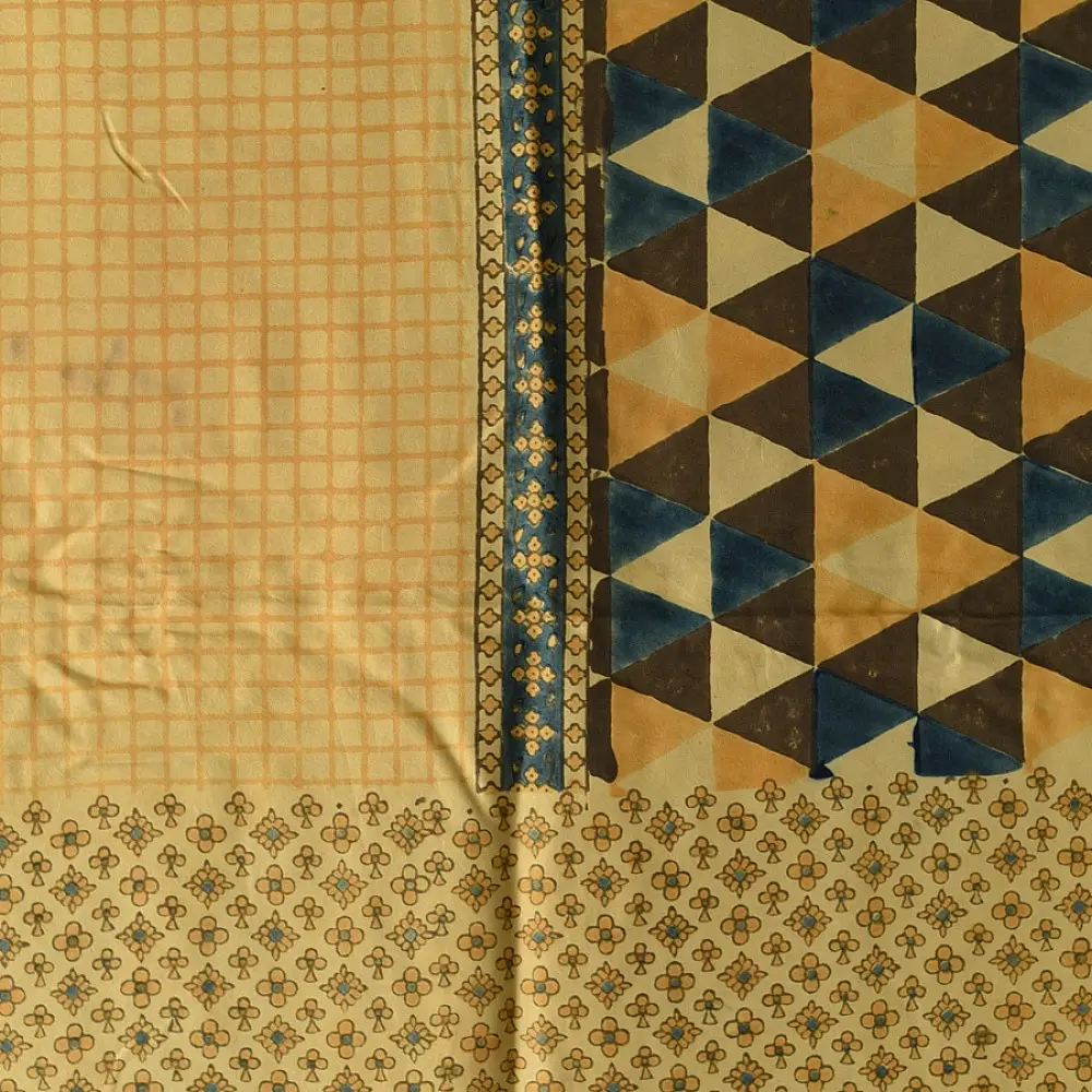 mulberry silk ajrakh dupatta mustard yellow cream indigo blue patchwork geometric floral jaal block print triangular block pattern hand block printed natural dyed silk dupatta