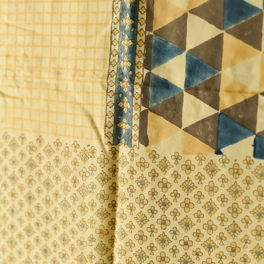 mulberry silk ajrakh dupatta mustard yellow cream indigo blue patchwork geometric floral jaal block print triangular block pattern hand block printed natural dyed silk dupatta