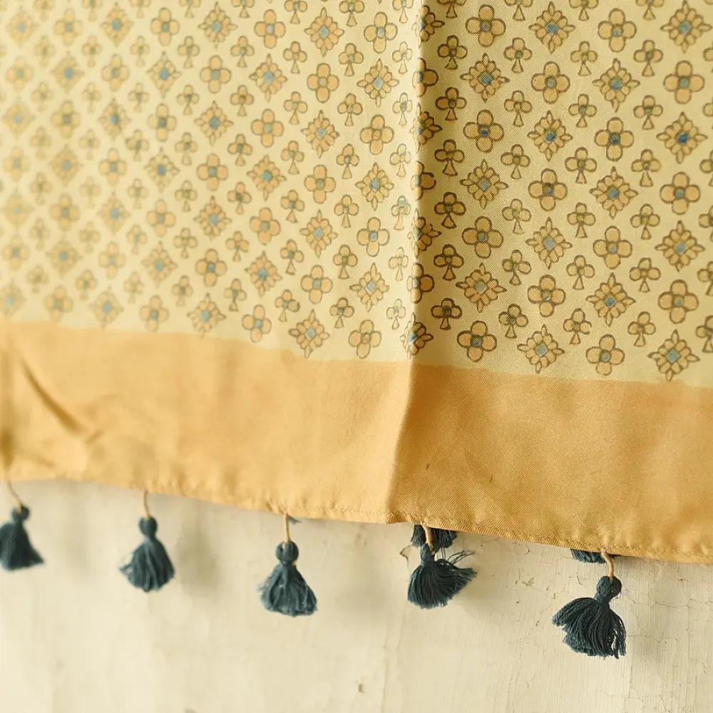 mulberry silk ajrakh dupatta mustard yellow cream indigo blue patchwork geometric floral jaal block print triangular block pattern hand block printed natural dyed silk dupatta