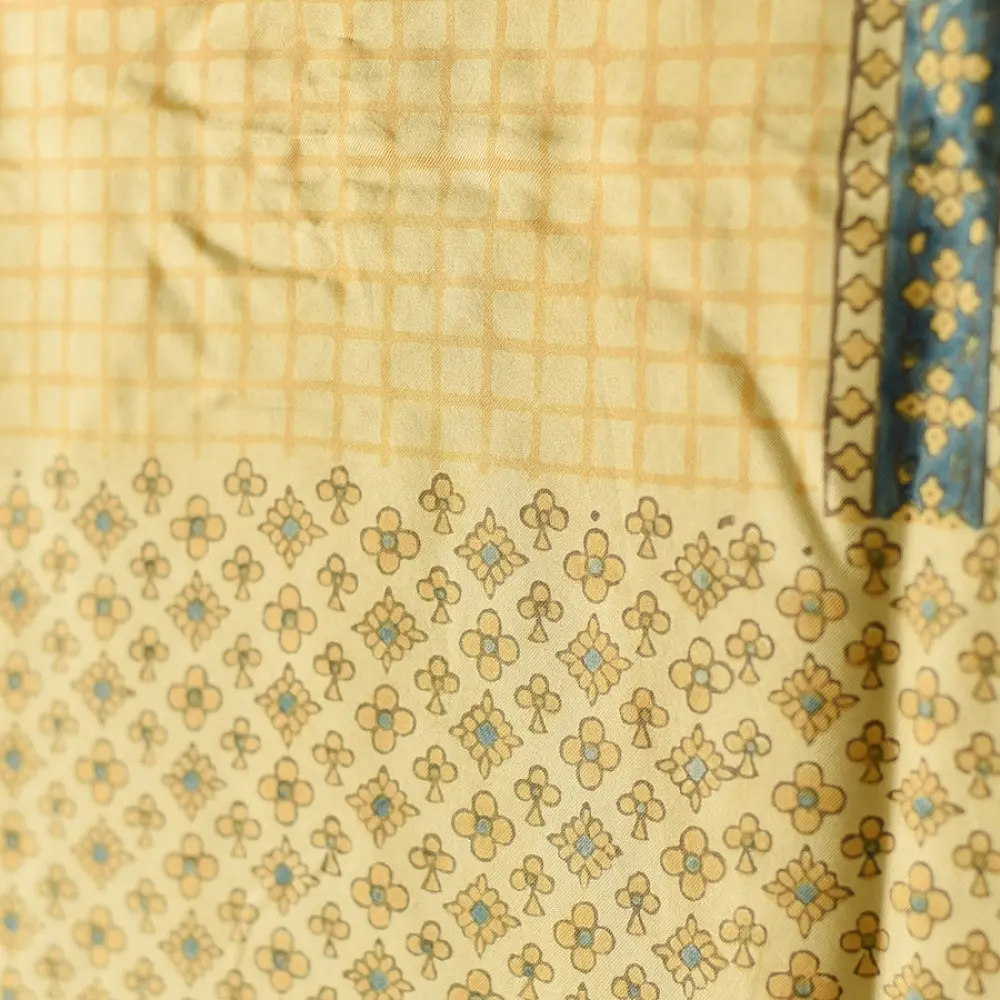 mulberry silk ajrakh dupatta mustard yellow cream indigo blue patchwork geometric floral jaal block print triangular block pattern hand block printed natural dyed silk dupatta