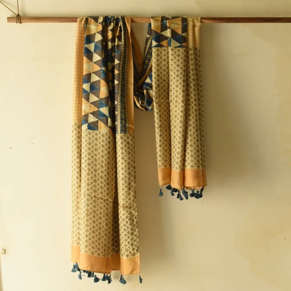 mulberry silk ajrakh dupatta mustard yellow cream indigo blue patchwork geometric floral jaal block print triangular block pattern hand block printed natural dyed silk dupatta