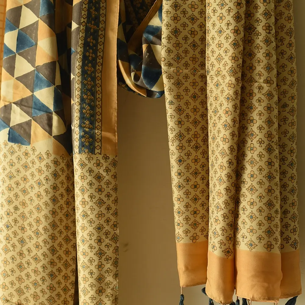 mulberry silk ajrakh dupatta mustard yellow cream indigo blue patchwork geometric floral jaal block print triangular block pattern hand block printed natural dyed silk dupatta