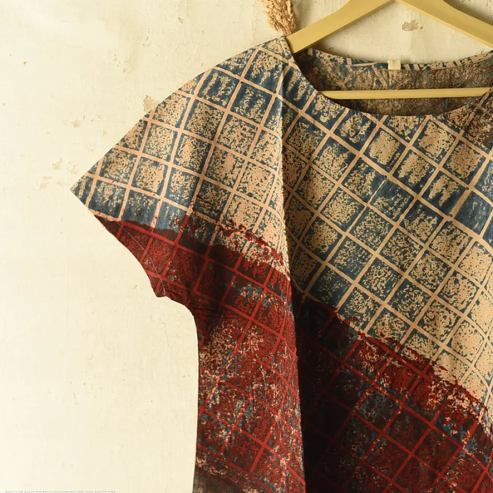 indigo blue madder red ajrakh cotton top diagonal color-blocked geometric grid block print hand block printed boxy fit artisanal blouse women sustainable fashion natural dyed