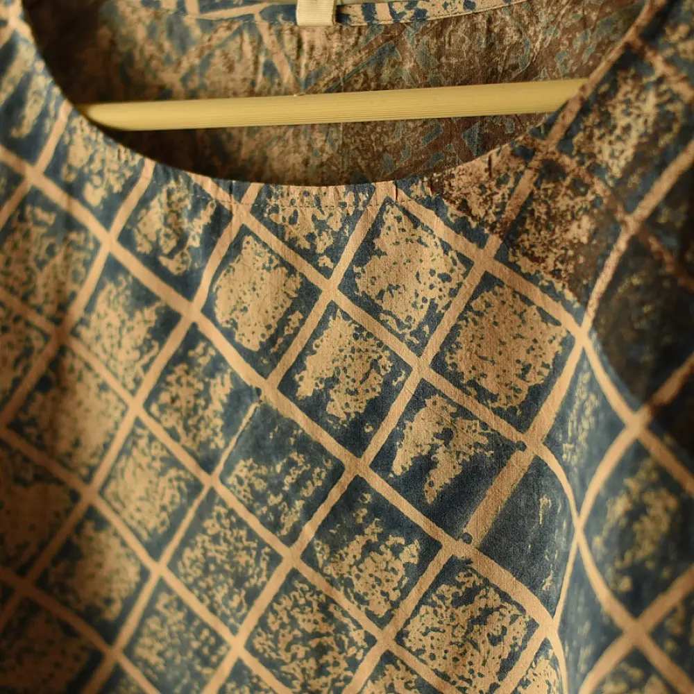 indigo blue madder red ajrakh cotton top diagonal color-blocked geometric grid block print hand block printed boxy fit artisanal blouse women sustainable fashion natural dyed