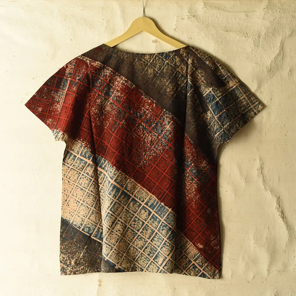 indigo blue madder red ajrakh cotton top diagonal color-blocked geometric grid block print hand block printed boxy fit artisanal blouse women sustainable fashion natural dyed