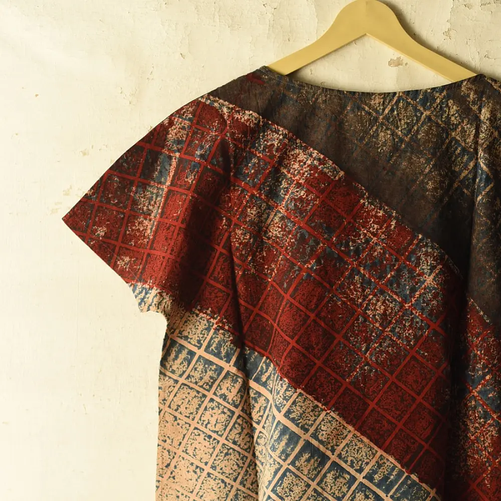 indigo blue madder red ajrakh cotton top diagonal color-blocked geometric grid block print hand block printed boxy fit artisanal blouse women sustainable fashion natural dyed