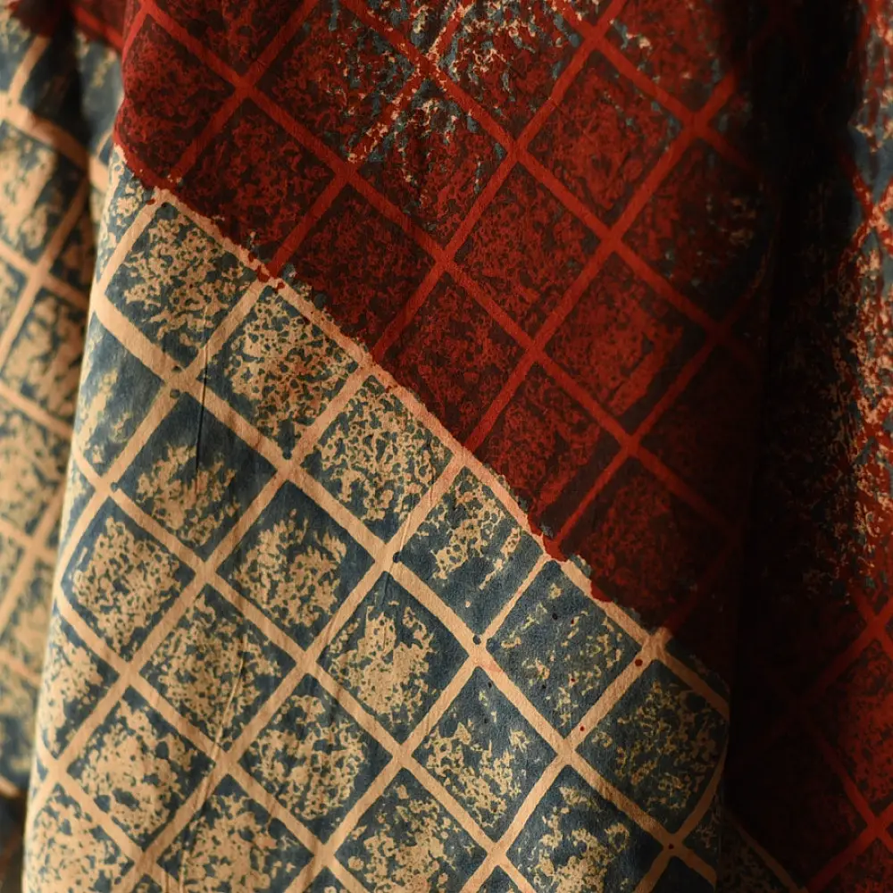 indigo blue madder red ajrakh cotton top diagonal color-blocked geometric grid block print hand block printed boxy fit artisanal blouse women sustainable fashion natural dyed