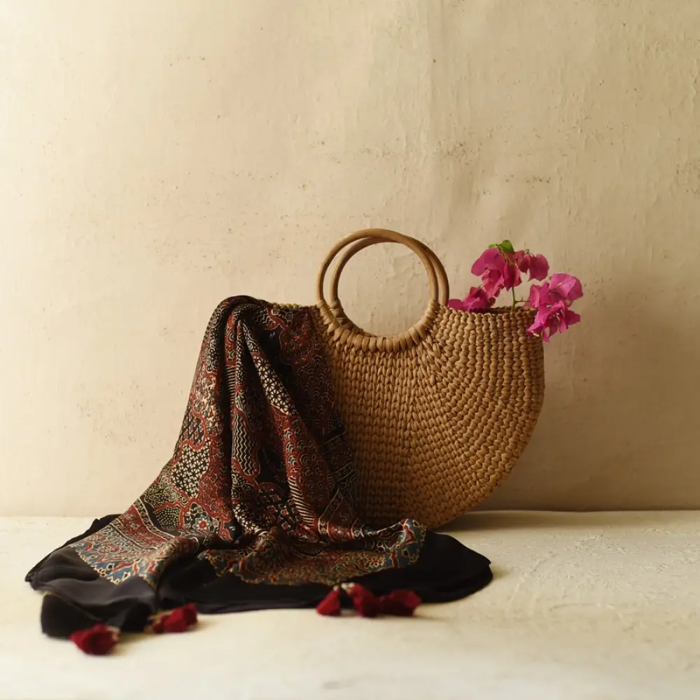 red indigo black ajrakh silk square scarf intricate geometric pattern hand block printed natural dyed scarf tassels