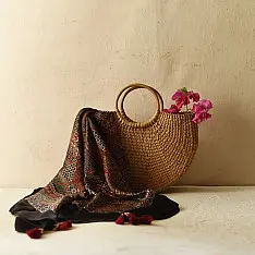 Neelanjana . नीलांजना ~ Ajrakh Block Printed Square Modal Silk Scarf