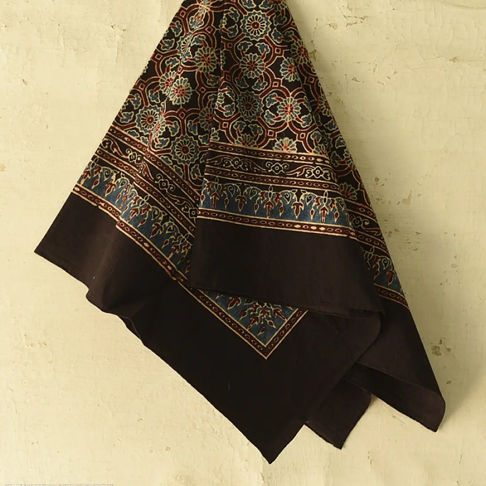 earthy ajrakh silk square scarf floral repetitive block print hand block printed natural dyed scarf