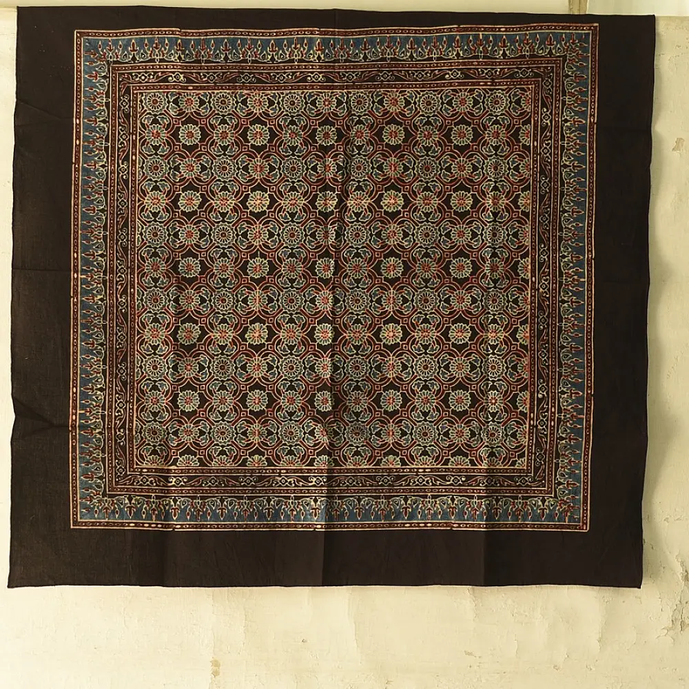earthy ajrakh silk square scarf floral repetitive block print hand block printed natural dyed scarf