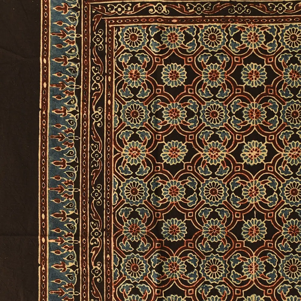 earthy ajrakh silk square scarf floral repetitive block print hand block printed natural dyed scarf