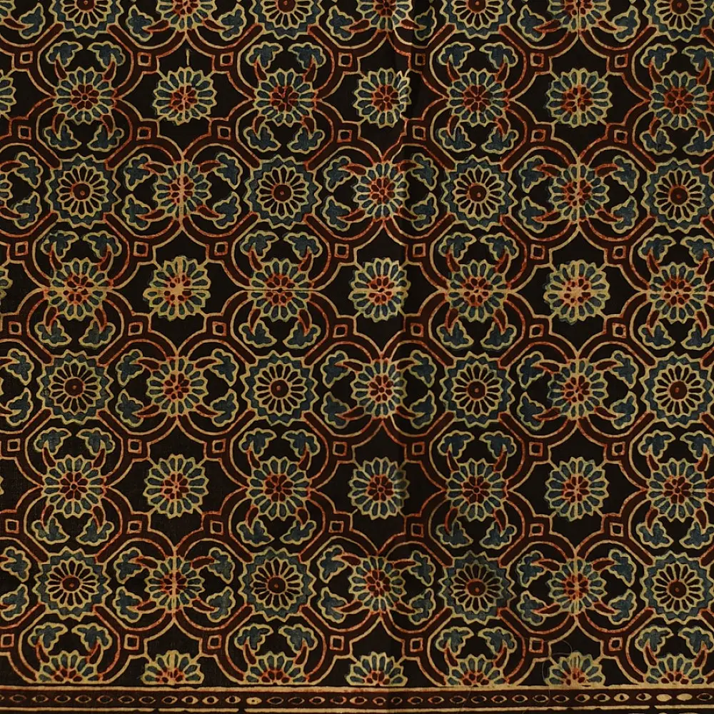 earthy ajrakh silk square scarf floral repetitive block print hand block printed natural dyed scarf