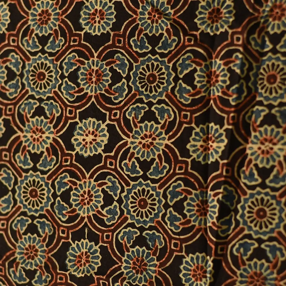 earthy ajrakh silk square scarf floral repetitive block print hand block printed natural dyed scarf