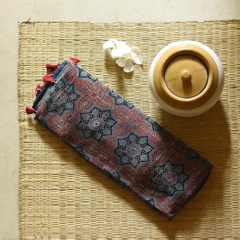 deep indigo blue madder red ajrakh modal silk saree hand block printed octagonal star jaal ornate floral mandala pallu traditional ethnic wear sustainable luxury natural dyed with tassels