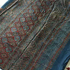 Shruti | Ajrakh Modal Silk Saree - Red & Blue Prints