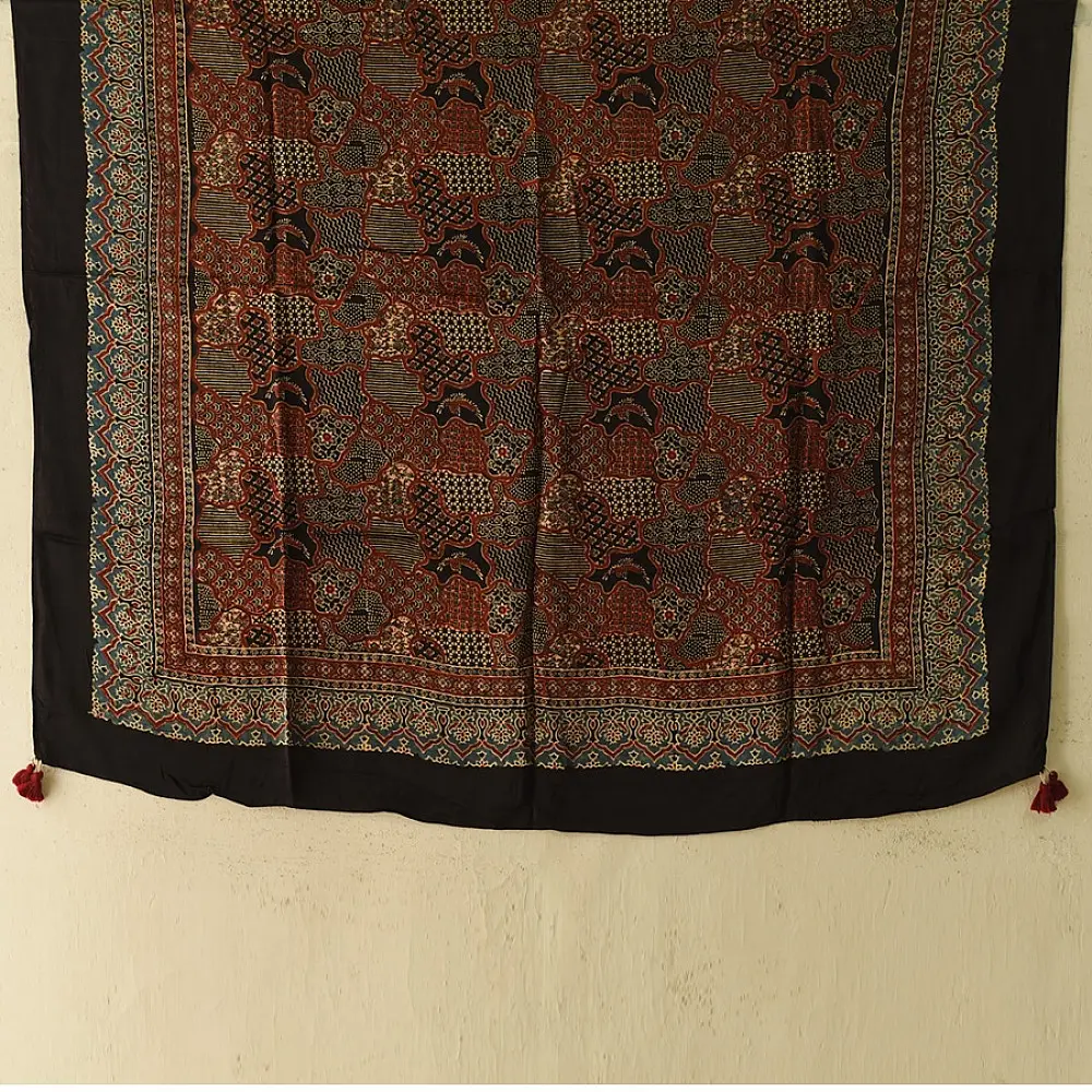 red indigo black ajrakh silk square scarf intricate geometric pattern hand block printed natural dyed scarf tassels
