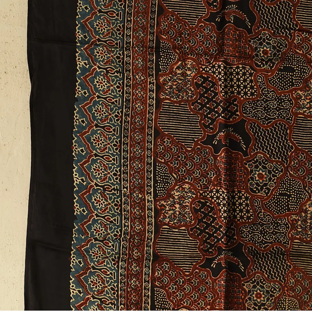red indigo black ajrakh silk square scarf intricate geometric pattern hand block printed natural dyed scarf tassels