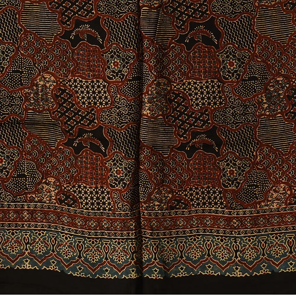red indigo black ajrakh silk square scarf intricate geometric pattern hand block printed natural dyed scarf tassels
