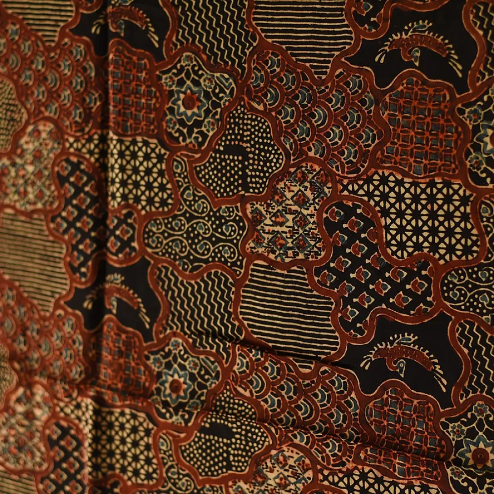 red indigo black ajrakh silk square scarf intricate geometric pattern hand block printed natural dyed scarf tassels