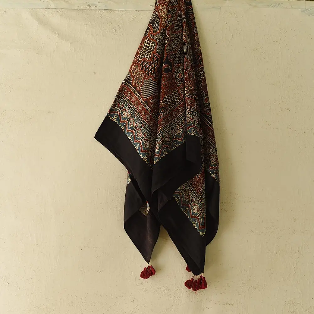 red indigo black ajrakh silk square scarf intricate geometric pattern hand block printed natural dyed scarf tassels