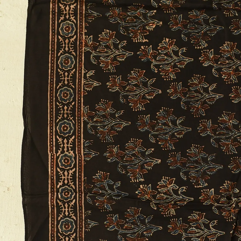 chocolate brown indigo blue ajrakh modal silk dupatta hand block printed jhar floral sprig jaal body ornate circular medallion pallu traditional mihrab arched detail wedding festive wear sustainable luxury natural dyed with tassels