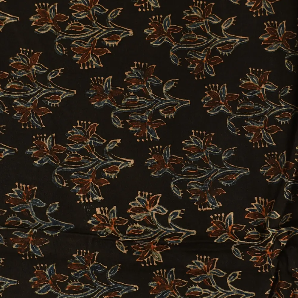 chocolate brown indigo blue ajrakh modal silk dupatta hand block printed jhar floral sprig jaal body ornate circular medallion pallu traditional mihrab arched detail wedding festive wear sustainable luxury natural dyed with tassels