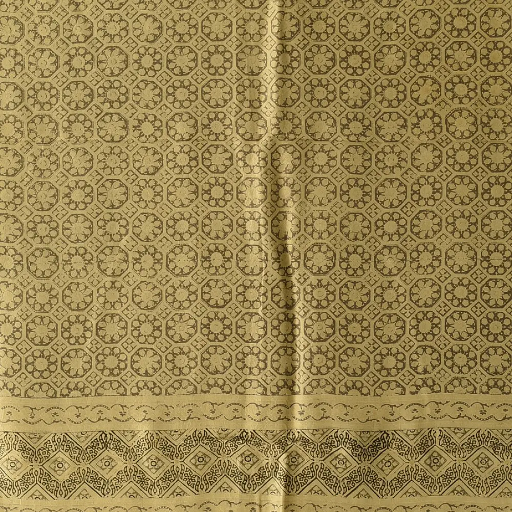 mulberry silk ajrakh dupatta beige gold olive brown interlocking geometric floral jaal block print wide border hand block printed natural dyed silk dupatta
