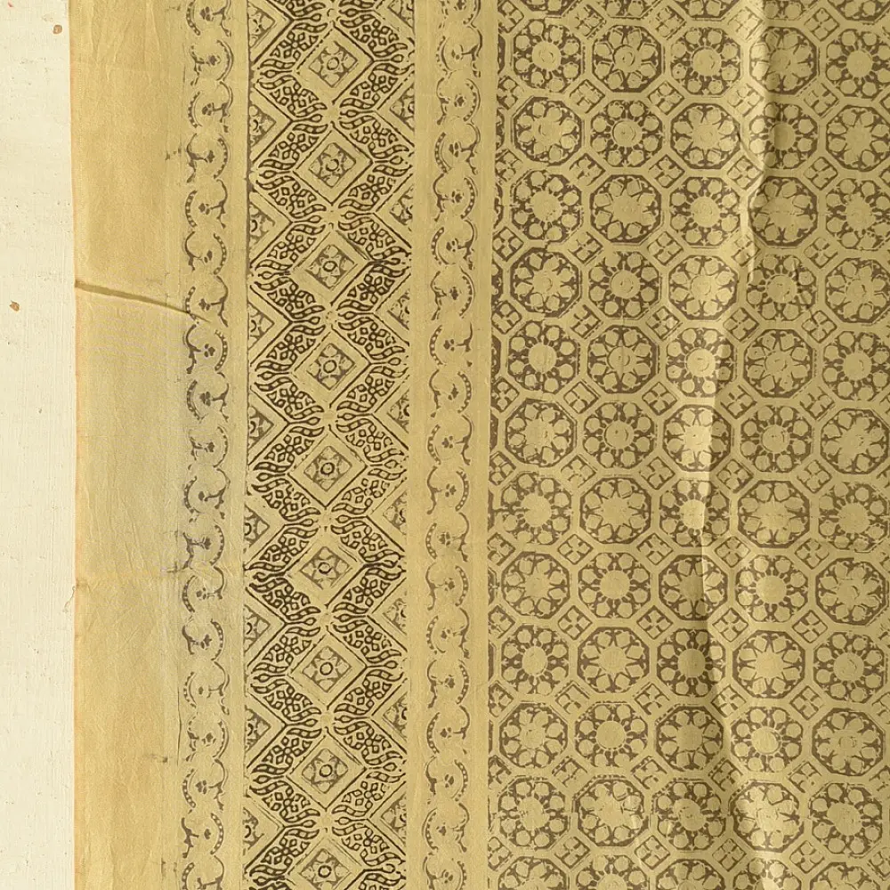 mulberry silk ajrakh dupatta beige gold olive brown interlocking geometric floral jaal block print wide border hand block printed natural dyed silk dupatta