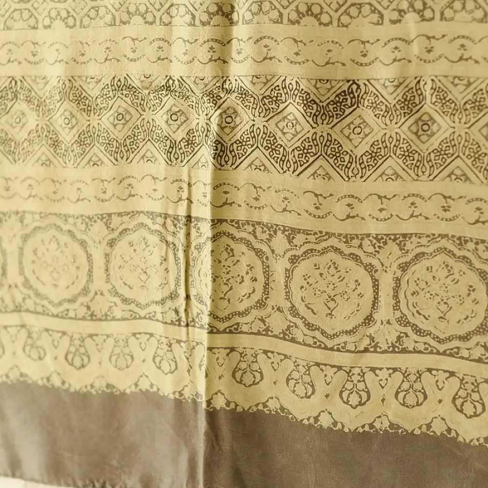 mulberry silk ajrakh dupatta beige gold olive brown interlocking geometric floral jaal block print wide border hand block printed natural dyed silk dupatta