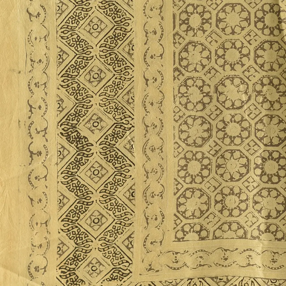 mulberry silk ajrakh dupatta beige gold olive brown interlocking geometric floral jaal block print wide border hand block printed natural dyed silk dupatta