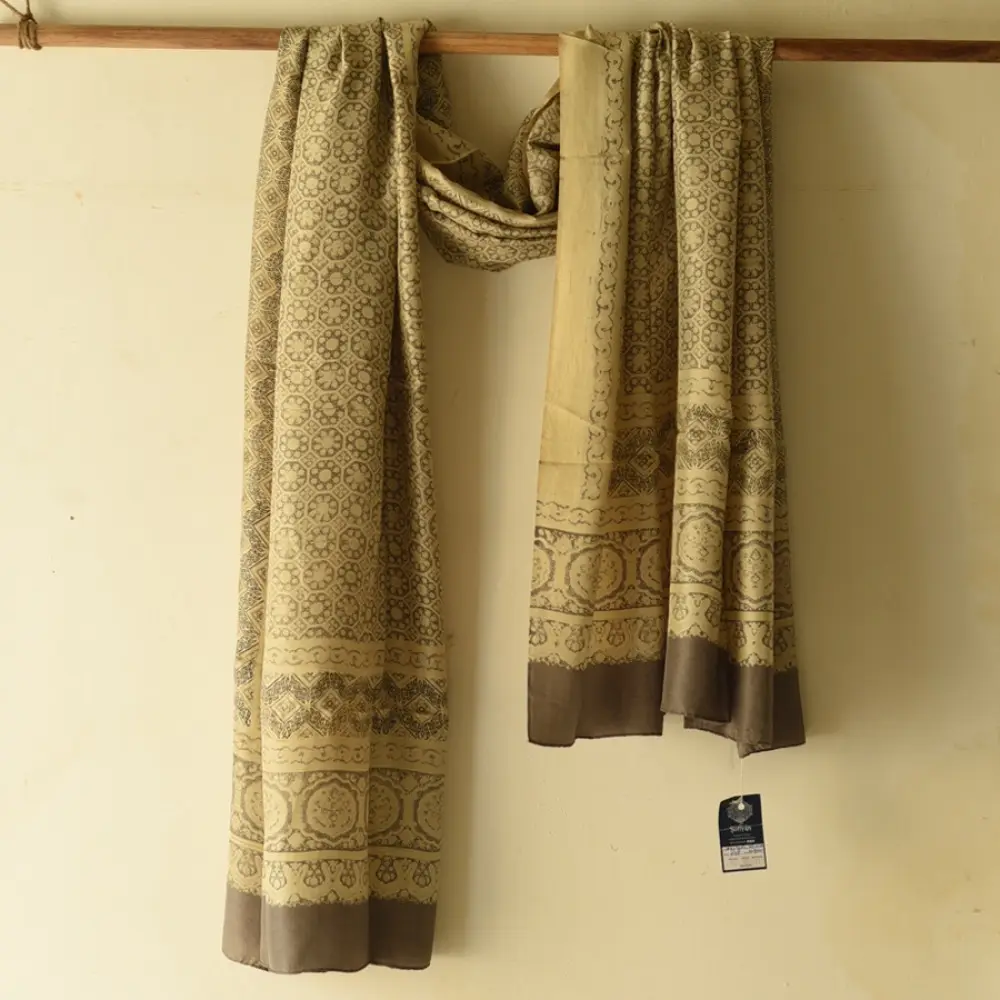 mulberry silk ajrakh dupatta beige gold olive brown interlocking geometric floral jaal block print wide border hand block printed natural dyed silk dupatta