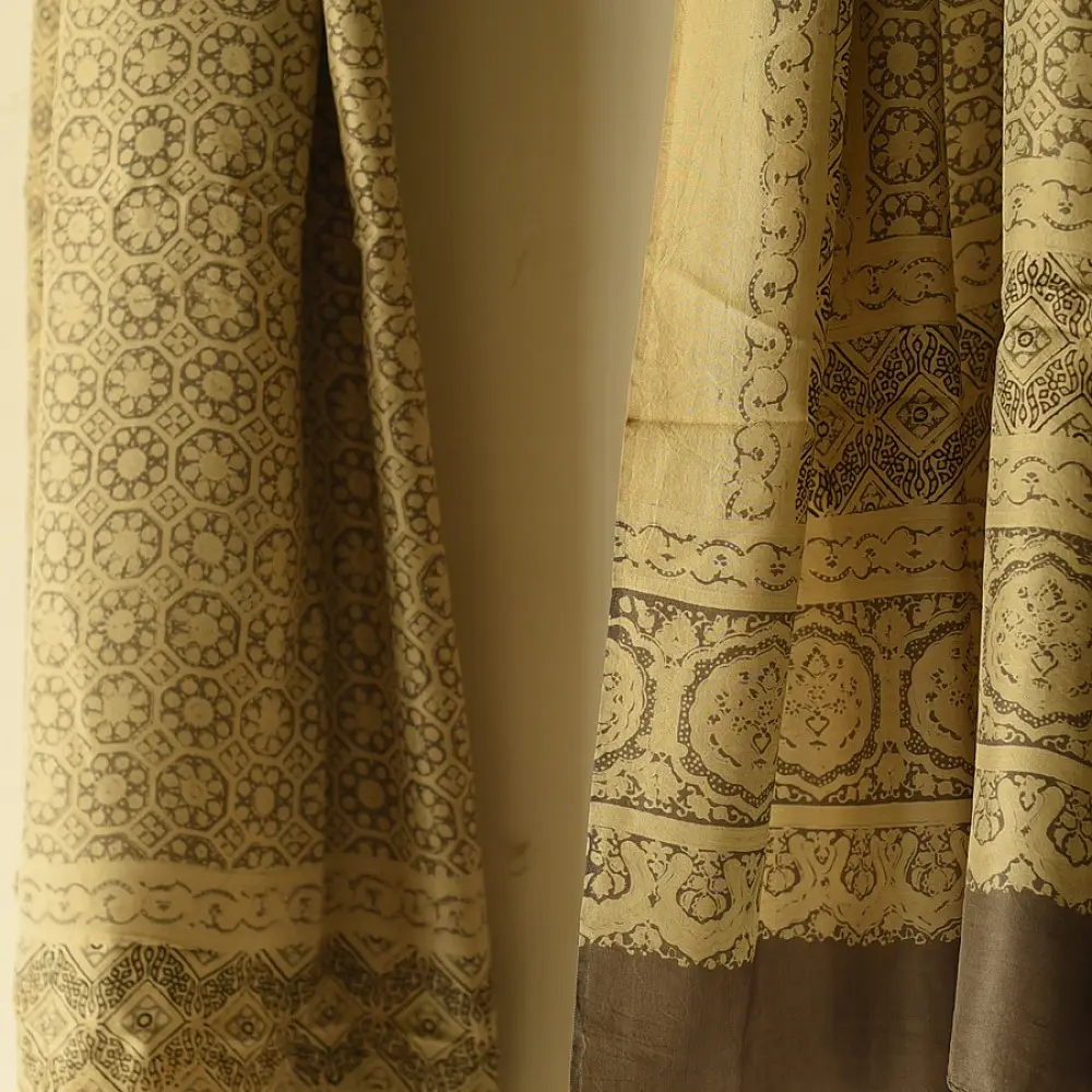 mulberry silk ajrakh dupatta beige gold olive brown interlocking geometric floral jaal block print wide border hand block printed natural dyed silk dupatta