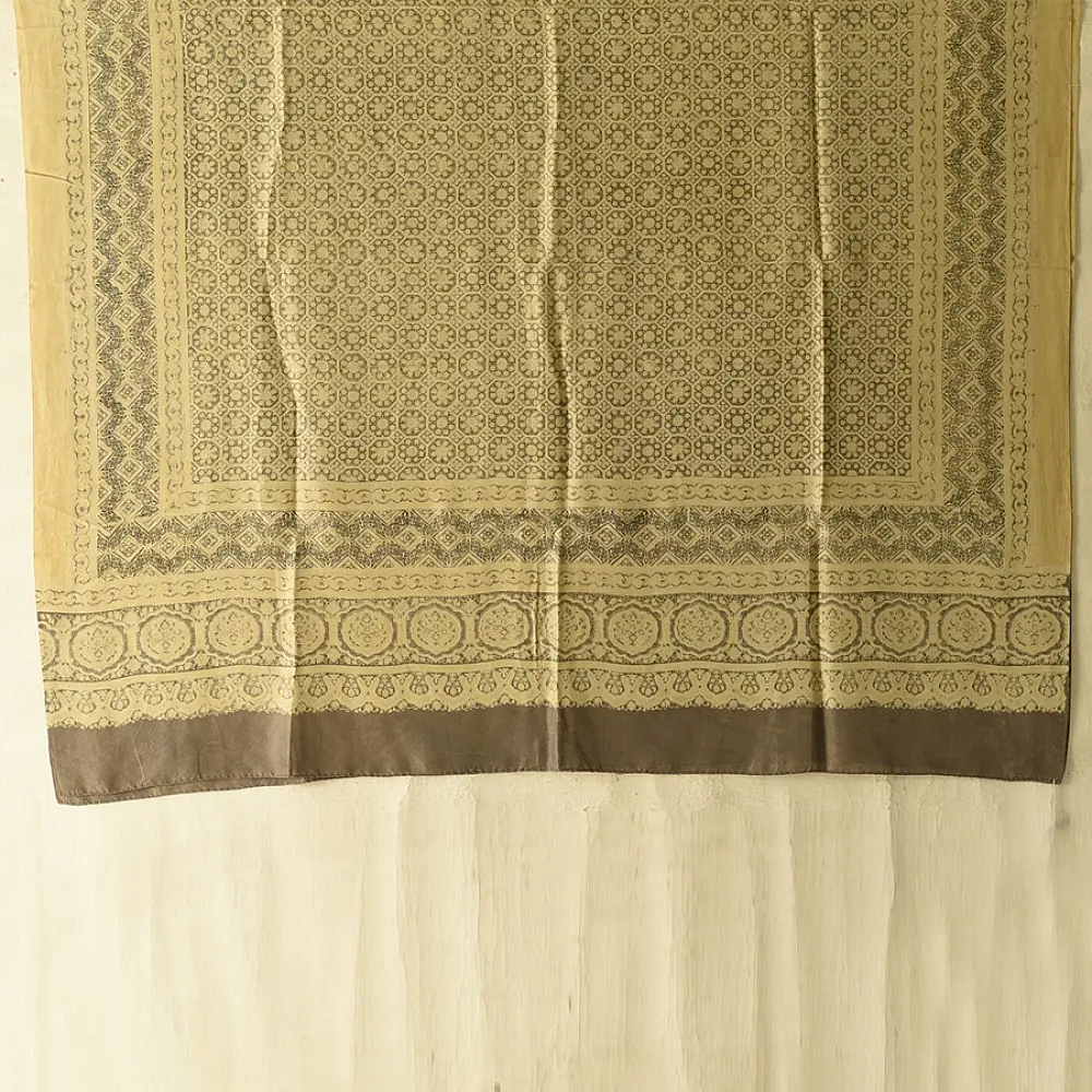 mulberry silk ajrakh dupatta beige gold olive brown interlocking geometric floral jaal block print wide border hand block printed natural dyed silk dupatta