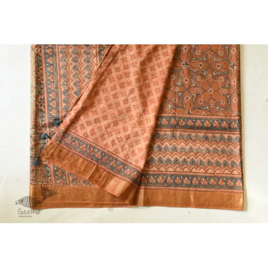 shop Ajrakh Ajrakh Mulberry Silk SareeNatural Dyed Ajrakh Hand Prints Mulberry Silk Saree