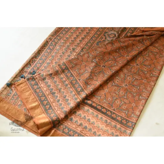 shop Ajrakh Ajrakh Mulberry Silk SareeNatural Dyed Ajrakh Hand Prints Mulberry Silk Saree