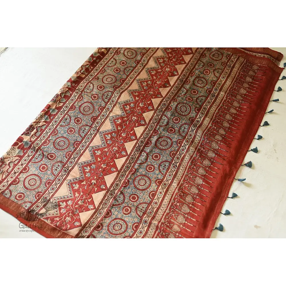 shop Ajrakh Ajrakh Mulberry Silk SareeAjrakh Mulberry Silk Saree - Flower Block Prints