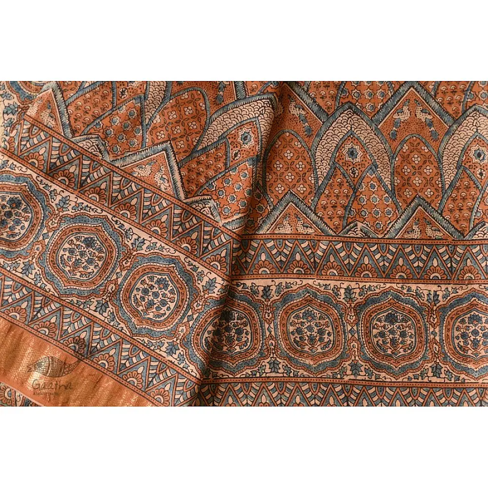 shop Natural Dyed Mulberry Silk Saree With Ajrakh Block Prints