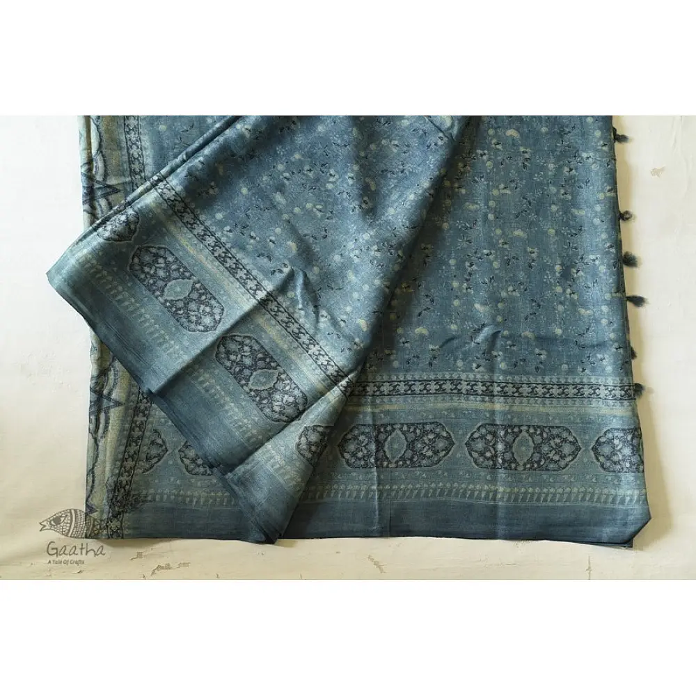shop Ajrakh Tussar Silk Saree with Natural Dyed Indigo